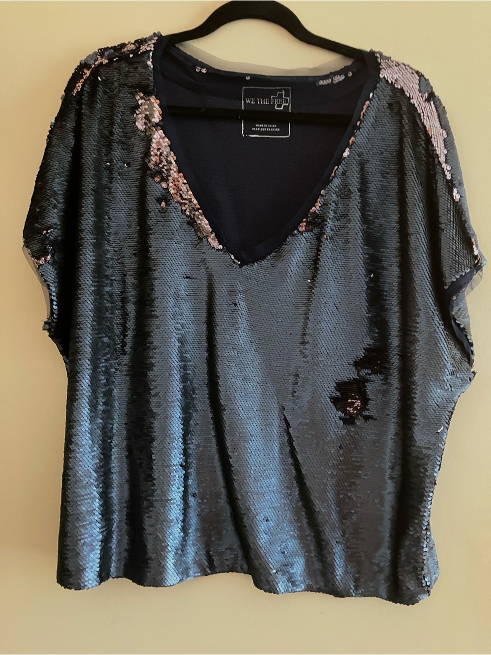 We The Free Black Sequin V-Neck Top with Pink Reversible Accents